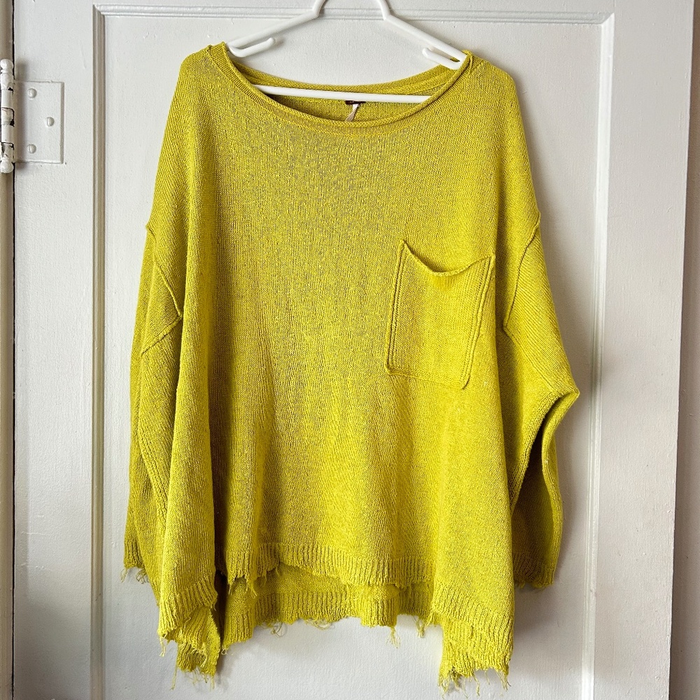 Free People Prism Knit Sweater Yellow Distressed Boho Large L Oversized Beach